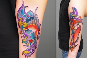 Complete arm with kobi fish with Google colour tattoo idea
