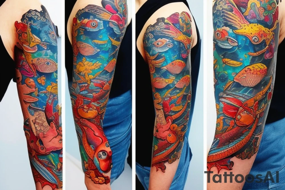 Complete arm with kobi fish with Google colour tattoo idea