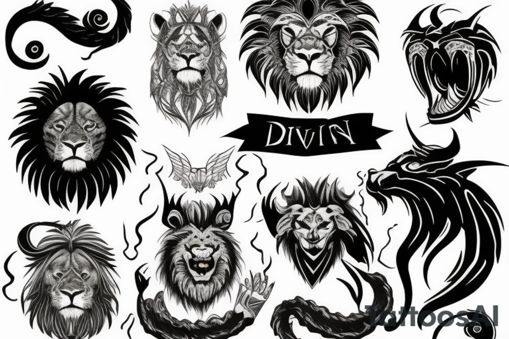 evil lion with devil and angel tattoo idea