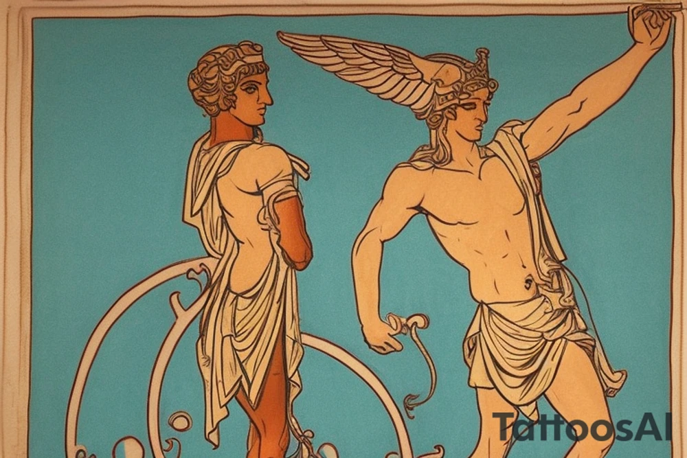 I want a vaprowave style tattoo that combines with the image of the god Hermes from ancient Greek mythology using the style. I imagine Hermes depicting him in his early posture, with wings on his back and his characteristic wand surrounded by pillars, arches and other sensations of seeking.

The color palette should be light and bright, using pastel shades that give the impression of softness and aesthetics of the vaprowave style. I assumed that the tattoo was medium in size, located on the left shoulder, and that it was detailed and well-detailed. tattoo idea