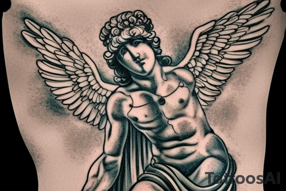 I want a vaprowave style tattoo that combines with the image of the god Hermes from ancient Greek mythology using the style. I imagine Hermes depicting him in his early posture, with wings on his back and his characteristic wand surrounded by pillars, arches and other sensations of seeking.

The color palette should be light and bright, using pastel shades that give the impression of softness and aesthetics of the vaprowave style. I assumed that the tattoo was medium in size, located on the left shoulder, and that it was detailed and well-detailed. tattoo idea