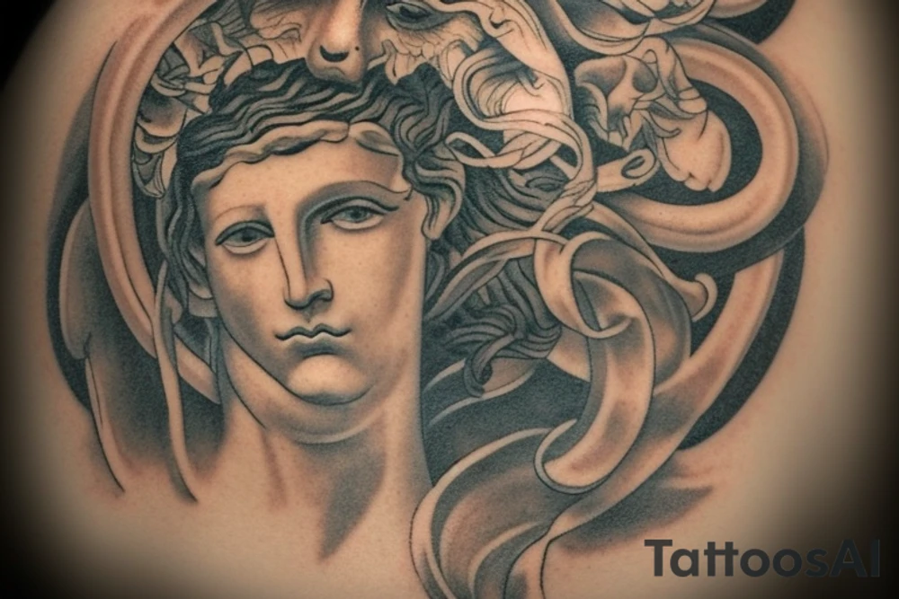 I would like to get a tattoo in vaprowave style which will depict a bust of the face of the god Hermes from ancient Greek mythology, surrounded by elements of ancient architecture such as pillars, arches or frescoes. The god's face will be shown in three quarters, with emphasis on the expression of the eyes to create a more expressive composition.

I suggest using the technique of shadows and light to create the effect of depth and three-dimensionality in the image. The color scheme should be light and bright, using pastel shades to maintain the same aesthetic of the vaprowave style.

I prefer the tattoo to be medium in size and located on the left shoulder. I would like it to be detailed and well crafted to create the maximum visual impact. tattoo idea