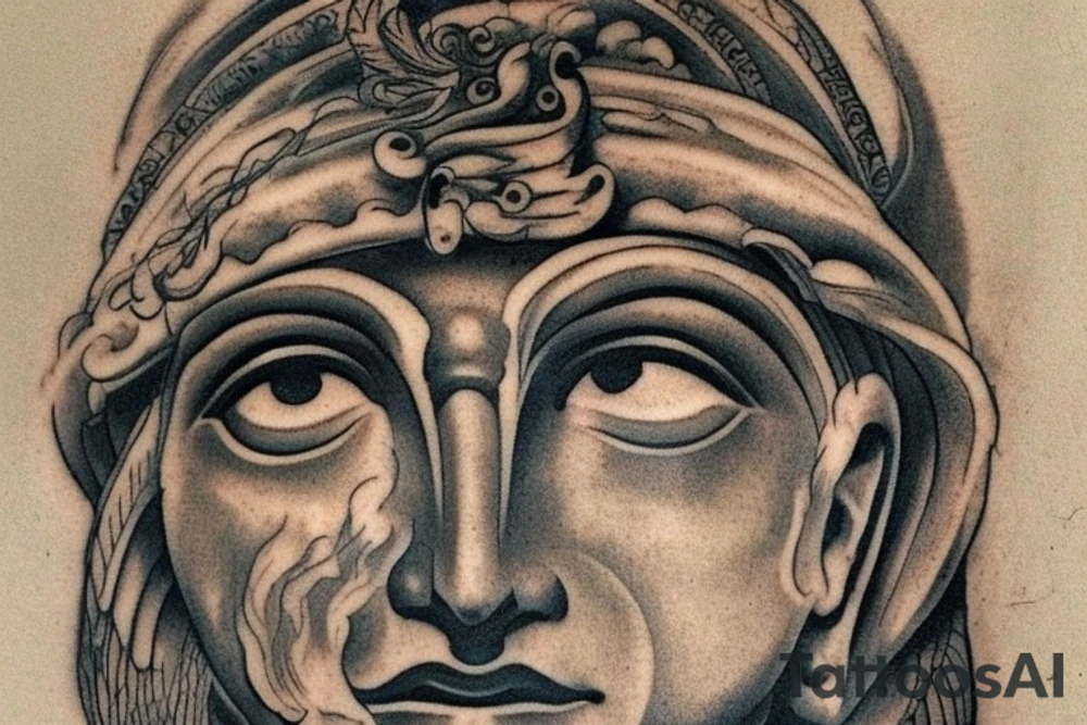 I would like to get a tattoo in vaprowave style which will depict a bust of the face of the god Hermes from ancient Greek mythology, surrounded by elements of ancient architecture such as pillars, arches or frescoes. The god's face will be shown in three quarters, with emphasis on the expression of the eyes to create a more expressive composition.

I suggest using the technique of shadows and light to create the effect of depth and three-dimensionality in the image. The color scheme should be light and bright, using pastel shades to maintain the same aesthetic of the vaprowave style.

I prefer the tattoo to be medium in size and located on the left shoulder. I would like it to be detailed and well crafted to create the maximum visual impact. tattoo idea