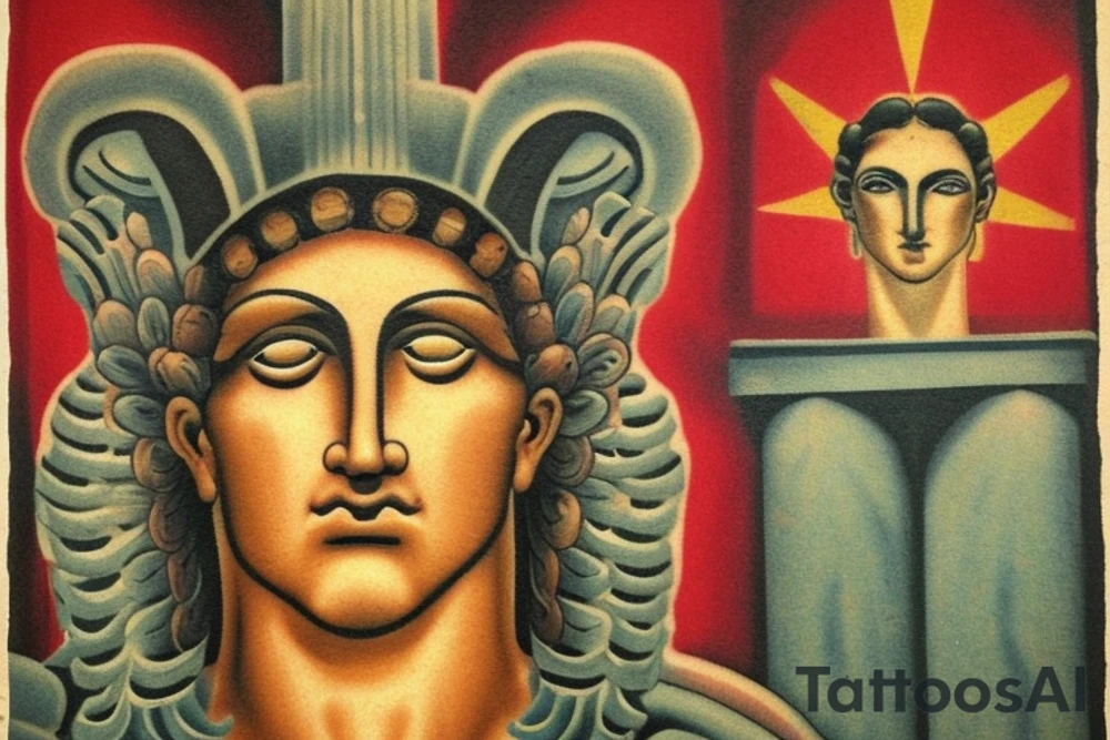 I would like to get a tattoo in vaprowave style which will depict a bust of the face of the god Hermes from ancient Greek mythology, surrounded by elements of ancient architecture such as pillars, arches or frescoes. The god's face will be shown in three quarters, with emphasis on the expression of the eyes to create a more expressive composition.

I suggest using the technique of shadows and light to create the effect of depth and three-dimensionality in the image. The color scheme should be light and bright, using pastel shades to maintain the same aesthetic of the vaprowave style.

I prefer the tattoo to be medium in size and located on the left shoulder. I would like it to be detailed and well crafted to create the maximum visual impact. tattoo idea
