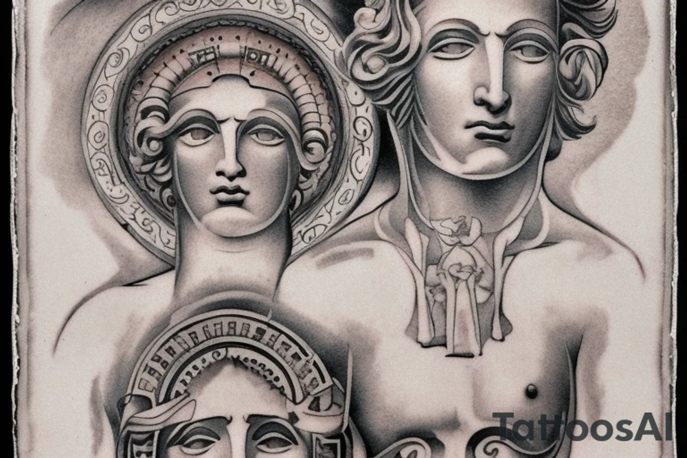 I would like to get a tattoo in vaprowave style which will depict a bust of the face of the god Hermes from ancient Greek mythology, surrounded by elements of ancient architecture such as pillars, arches or frescoes. The god's face will be shown in three quarters, with emphasis on the expression of the eyes to create a more expressive composition.

I suggest using the technique of shadows and light to create the effect of depth and three-dimensionality in the image. The color scheme should be light and bright, using pastel shades to maintain the same aesthetic of the vaprowave style.

I prefer the tattoo to be medium in size and located on the left shoulder. I would like it to be detailed and well crafted to create the maximum visual impact. tattoo idea