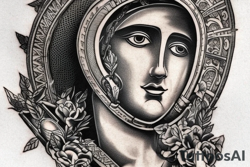 I would like to get a tattoo in vaprowave style which will depict a real bust of the face of the god Hermes from ancient Greek mythology, surrounded by elements of ancient architecture such as pillars, arches or frescoes. The god's face will be shown in three quarters, with emphasis on the expression of the eyes to create a more expressive composition. tattoo idea