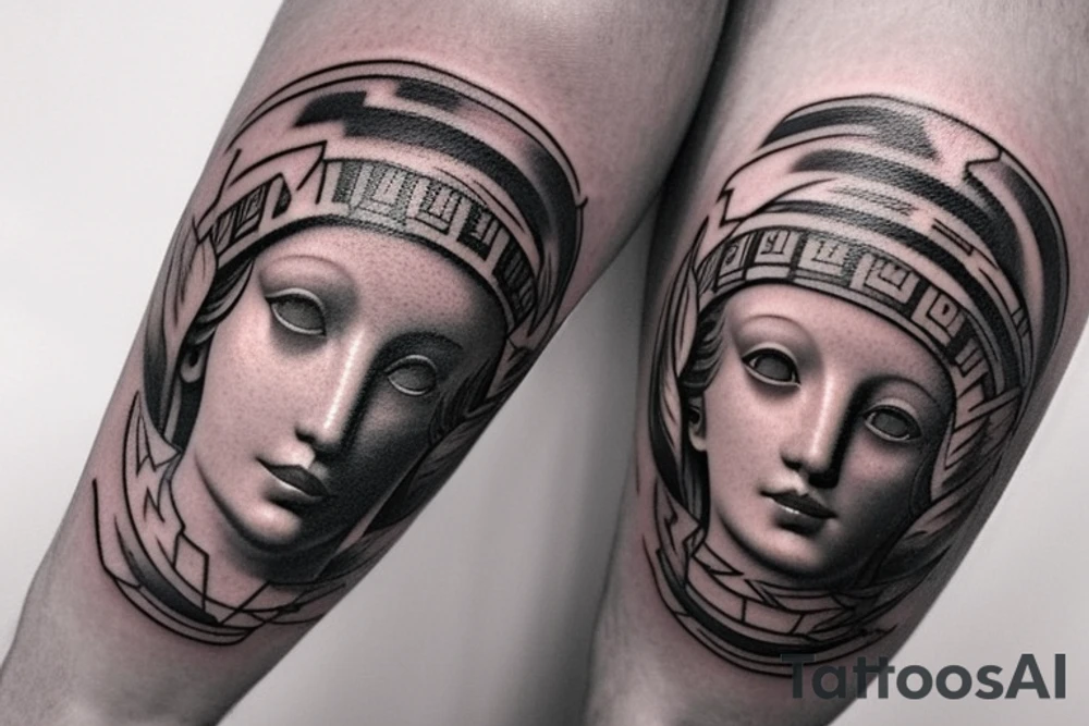 I would like to get a tattoo in vaprowave style which will depict a real bust of the face of the god Hermes from ancient Greek mythology, surrounded by elements of ancient architecture such as pillars, arches or frescoes. The god's face will be shown in three quarters, with emphasis on the expression of the eyes to create a more expressive composition. tattoo idea
