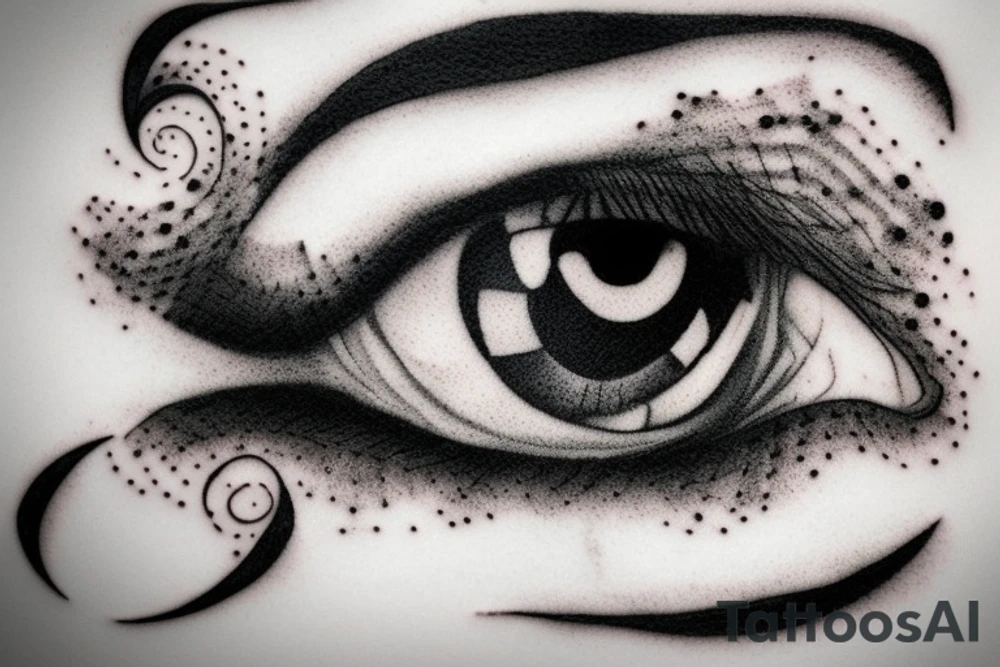 Black and white eye, realistic dotwork, twisted, not obvious. tattoo idea