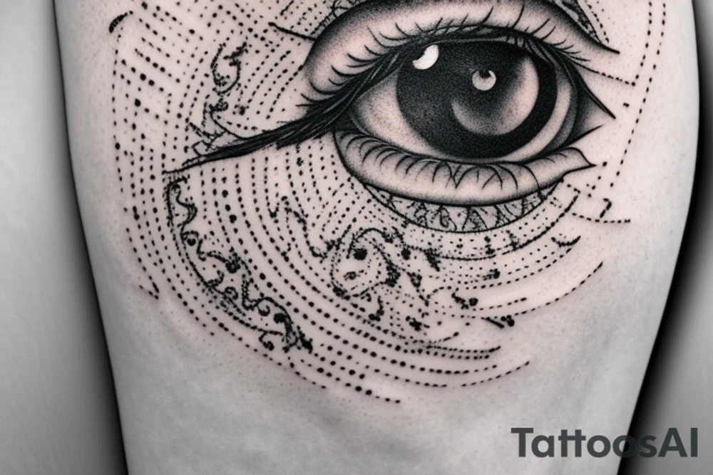 Black and white eye, realistic dotwork, twisted, not obvious. tattoo idea