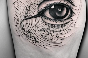 Black and white eye, realistic dotwork, twisted, not obvious. tattoo idea