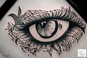 Black and white eye, realistic dotwork, twisted, not obvious. tattoo idea