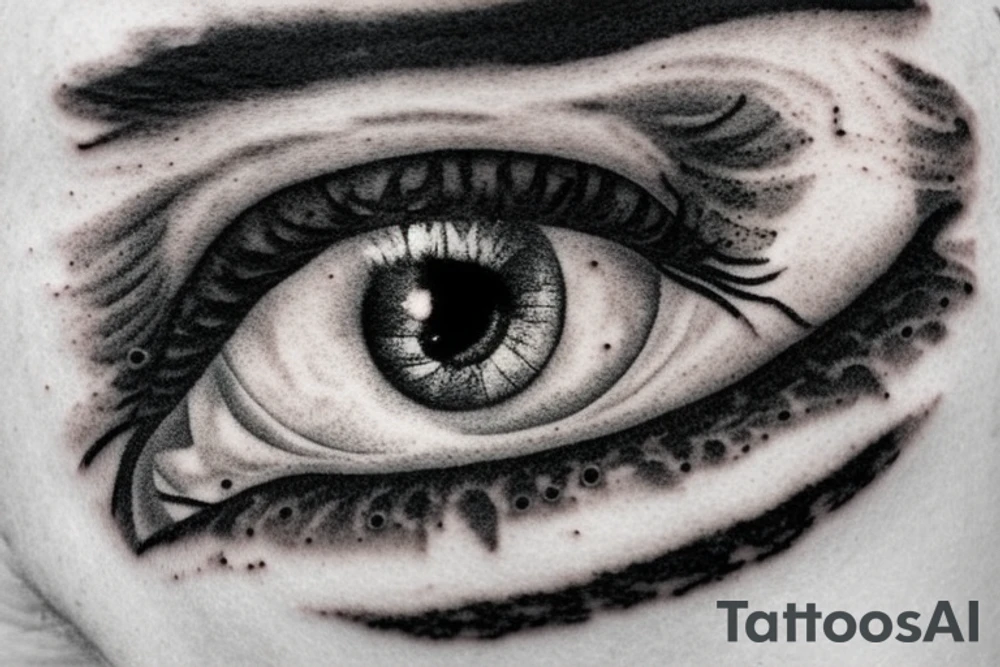 Black and white eye, realistic dotwork, twisted, not obvious. tattoo idea