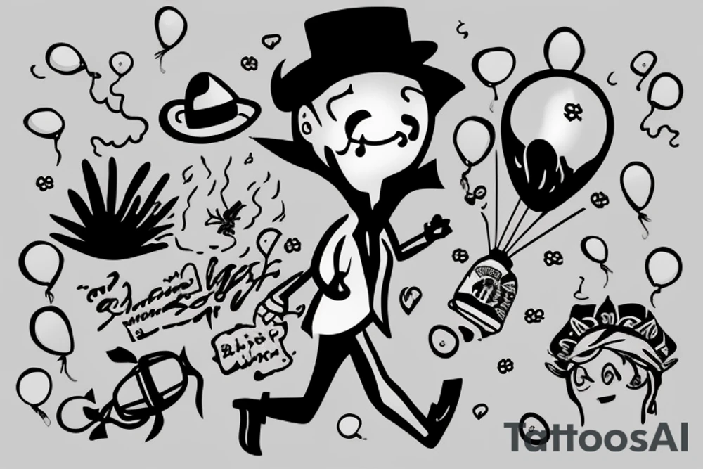 man with black hat falling down with baloons tattoo idea man with black hat falling down with baloons tattoo idea