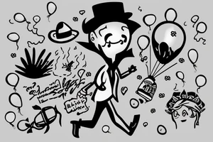 man with black hat falling down with baloons tattoo idea