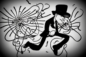man with black hat falling down with baloons tattoo idea