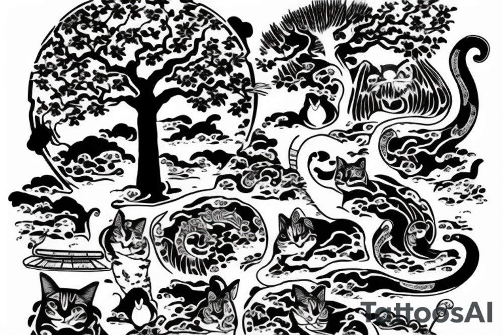 samurai cat under the big tree tattoo idea