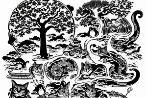 samurai cat under the big tree tattoo idea