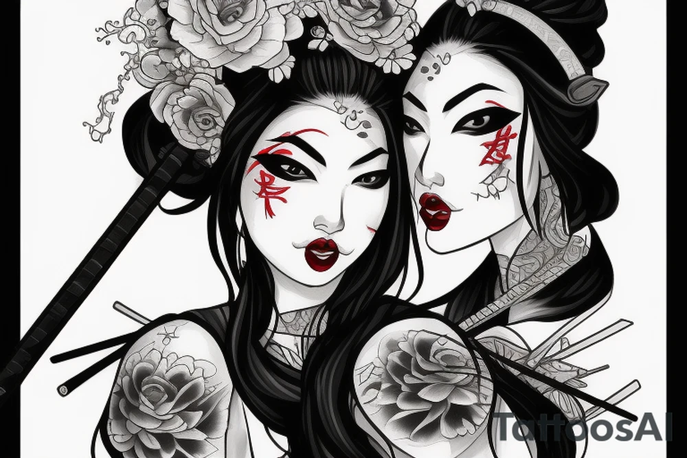 Black and grey geisha aggressive look with samurai swords tattoo idea