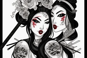 Black and grey geisha aggressive look with samurai swords tattoo idea