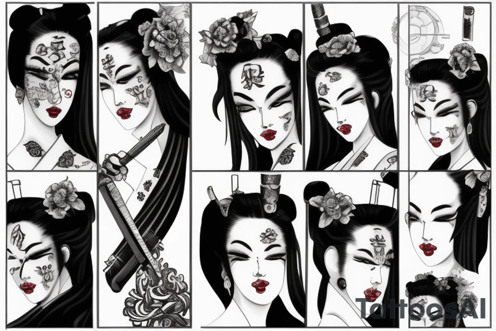Black and grey geisha aggressive look with samurai swords tattoo idea