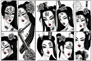Black and grey geisha aggressive look with samurai swords tattoo idea