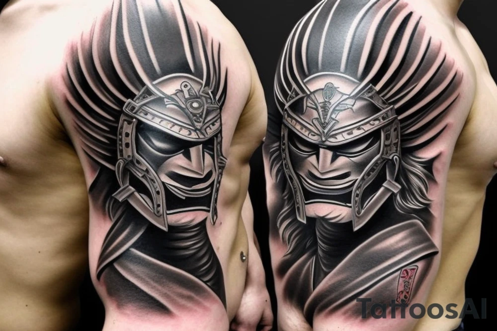 Black and grey samurai mask aggressive look with samurai swords tattoo idea