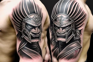 Black and grey samurai mask aggressive look with samurai swords tattoo idea