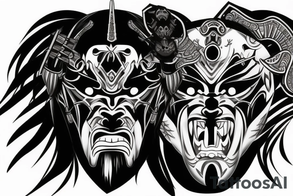 Black and grey samurai mask aggressive look with samurai swords tattoo idea