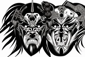Black and grey samurai mask aggressive look with samurai swords tattoo idea