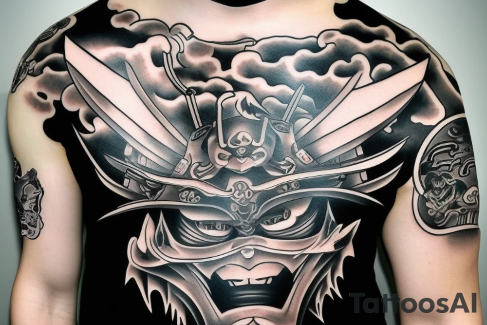 Black and grey samurai mask aggressive look with samurai swords tattoo idea