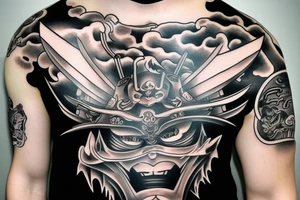 Black and grey samurai mask aggressive look with samurai swords tattoo idea