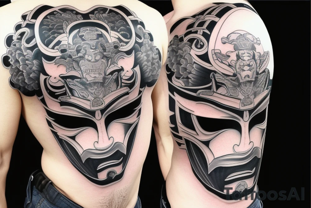 Black and grey samurai mask aggressive look with samurai swords tattoo idea