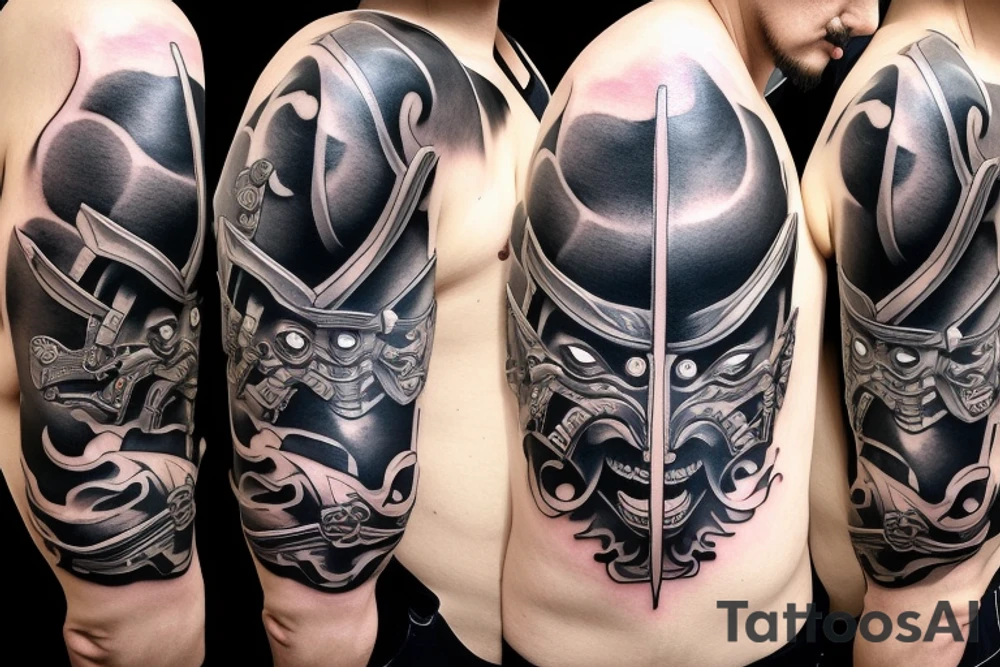 Black and grey samurai mask aggressive look with samurai swords tattoo idea