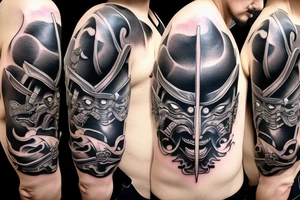 Black and grey samurai mask aggressive look with samurai swords tattoo idea