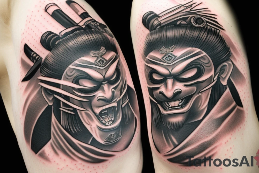 Black and grey samurai mask aggressive look with samurai swords tattoo idea