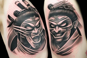 Black and grey samurai mask aggressive look with samurai swords tattoo idea