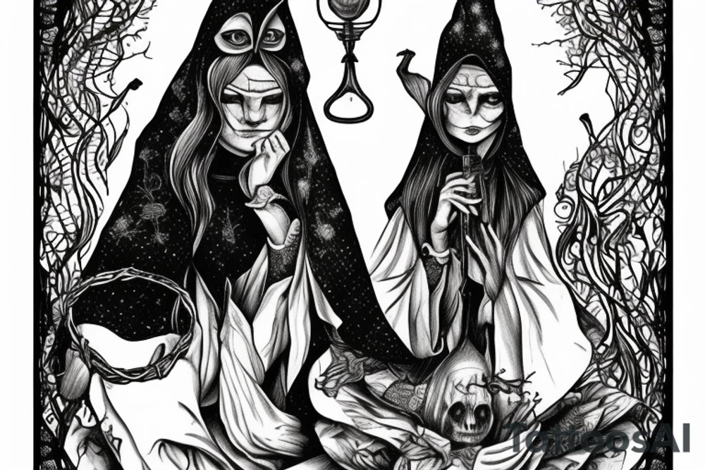 tarrot card hermit with witch on it, she is holding a lamp and she has a hood on her head tattoo idea