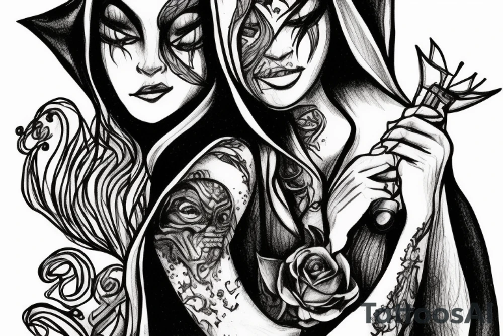 tarrot card hermit with witch on it, she is holding a lamp and she has a hood on her head tattoo idea