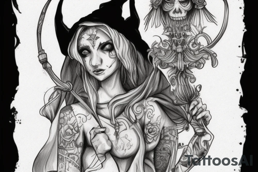 tarrot card hermit with witch on it, she is holding a lamp and she has a hood on her head tattoo idea