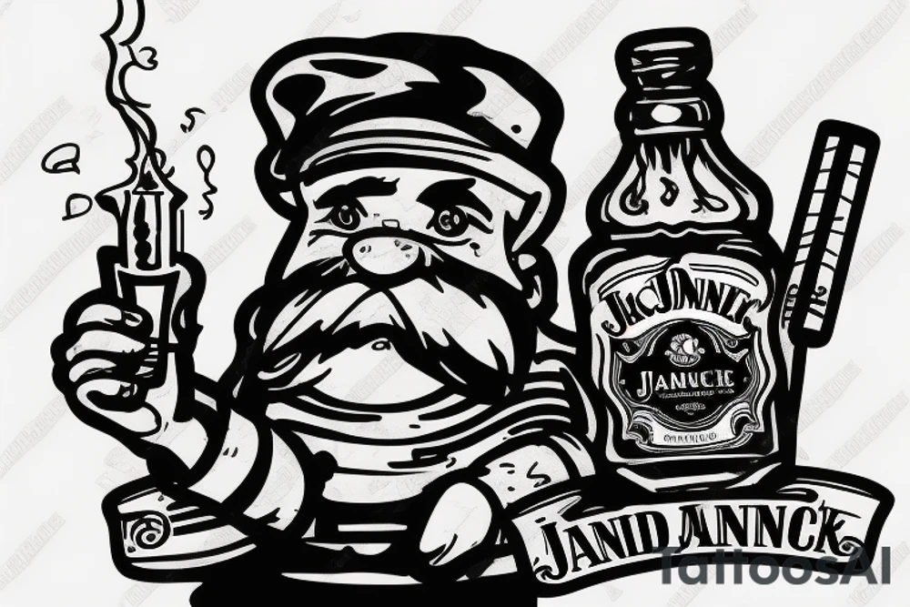 Gnome smoking a cigarette with a bottle of jack daniels in his hand tattoo idea