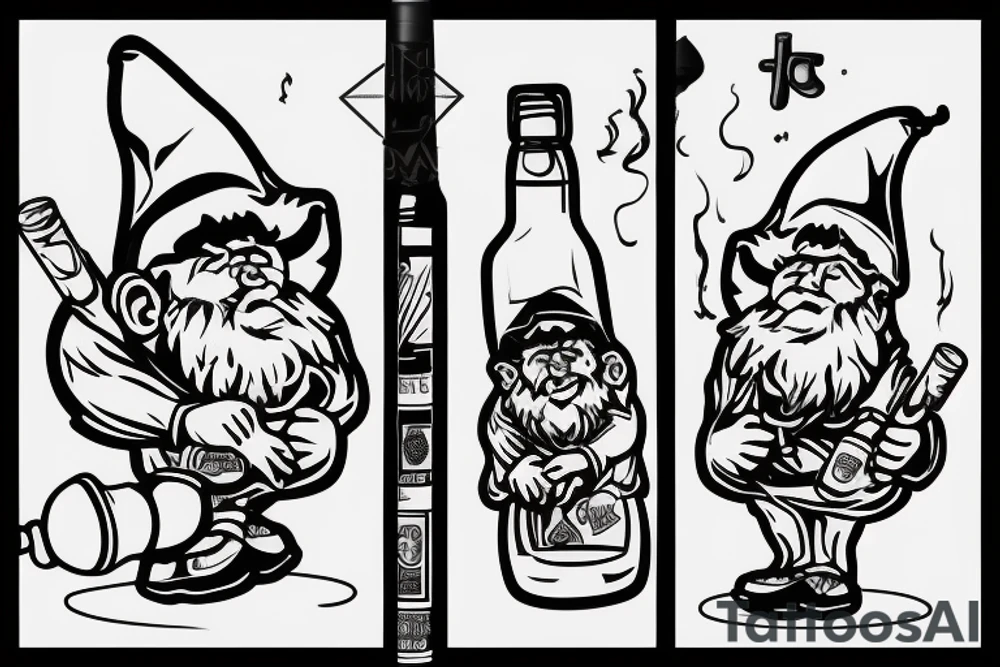 Gnome with a cigarette in his mouth and a bottle of alcohol in his hand tattoo idea