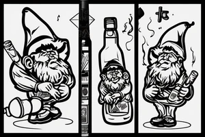 Gnome with a cigarette in his mouth and a bottle of alcohol in his hand tattoo idea