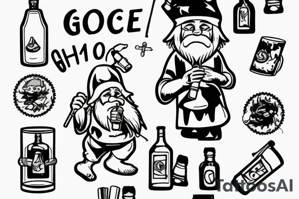 Gnome with a cigarette in his mouth and a bottle of alcohol in his hand tattoo idea