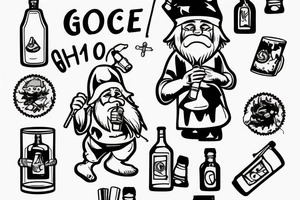 Gnome with a cigarette in his mouth and a bottle of alcohol in his hand tattoo idea