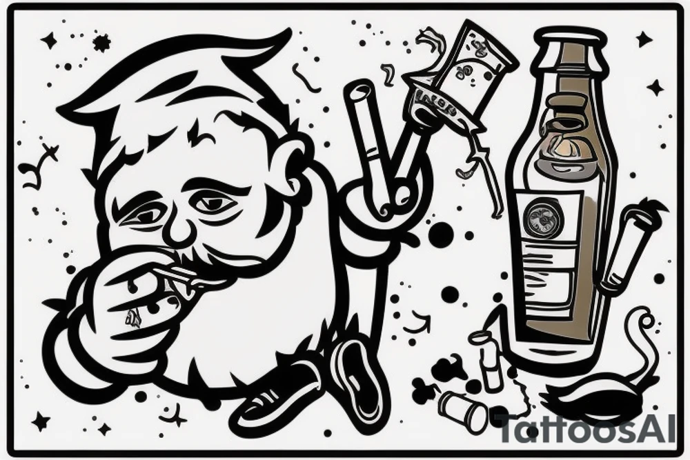 Gnome with a cigarette in his mouth and a bottle of alcohol in his hand tattoo idea