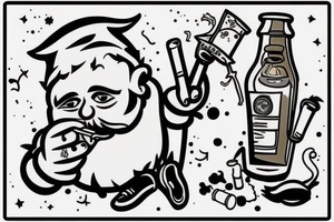 Gnome with a cigarette in his mouth and a bottle of alcohol in his hand tattoo idea
