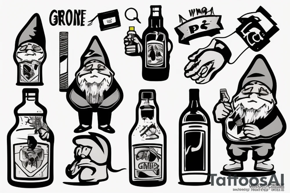 Gnome with a cigarette in his mouth and a bottle of alcohol in his hand tattoo idea