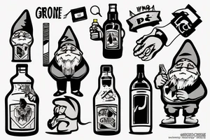 Gnome with a cigarette in his mouth and a bottle of alcohol in his hand tattoo idea