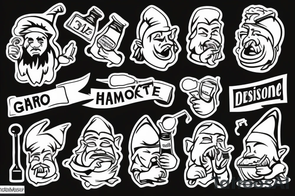 Gnome with a cigarette in his mouth and a bottle of alcohol in his hand tattoo idea