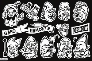 Gnome with a cigarette in his mouth and a bottle of alcohol in his hand tattoo idea